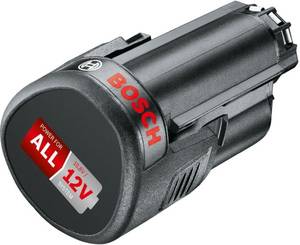 Bosch Akku mit zwölf Volt Spannung und 2,5 Amperestunden Kapazität.