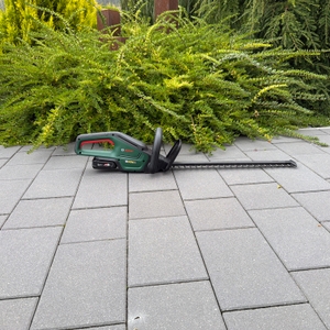 Die Bosch-Akku-Heckenschere ‎0600849K01 liegt auf einem gepflasterten Boden