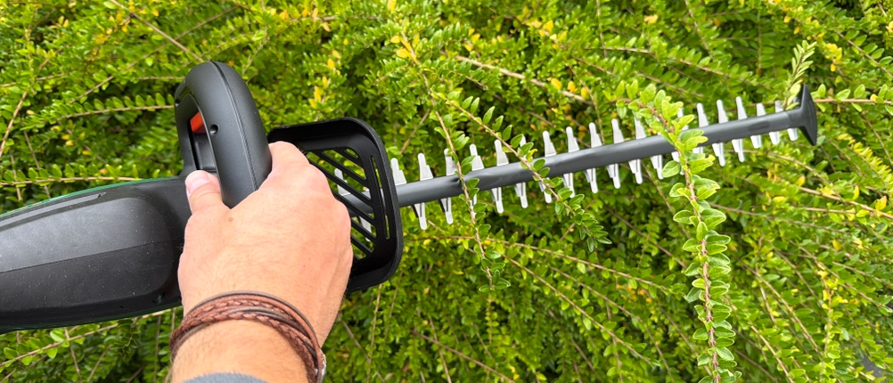 Mit der Bosch-Akku-Heckenschere ‎0600849K01 wird eine Hecke geschnitten