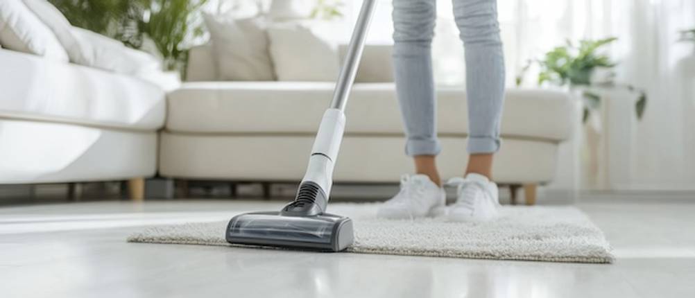 Bosch-Akku-Staubsauger im Test: In einem hellem Wohnzimmer saugt eine Frau mit einem Akku-Staubsauger.