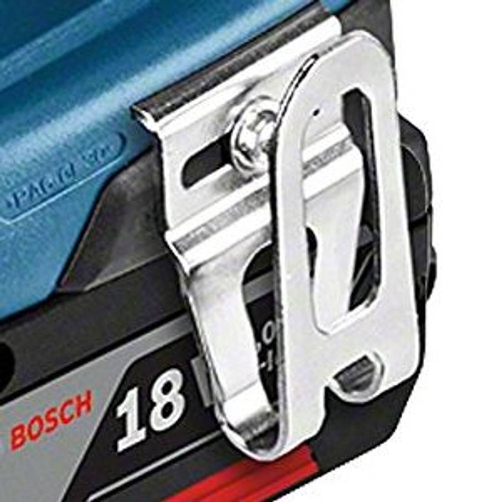 Clip an einem Akkuschrauber von Bosch, damit das Gerät am Gürtel eingehängt werden kann.