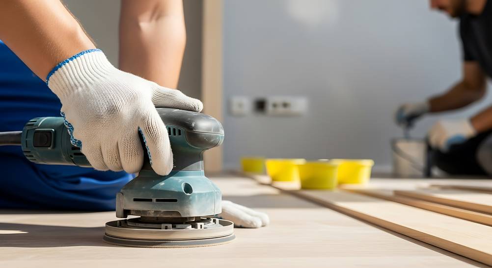 Bosch-Exzenterschleifer im Test: Eine behandschuhte Hand führt einen Schleifer über eine Holzbodenfläche, während im verschwommenen Hintergrund jemand offenbar streicht.
