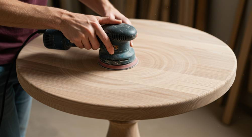 Bosch-Exzenterschleifer im Test: Ein runder Holztisch wird mit einem Schleifer bearbeitet, wobei runde Schleifspuren zu sehen sind.