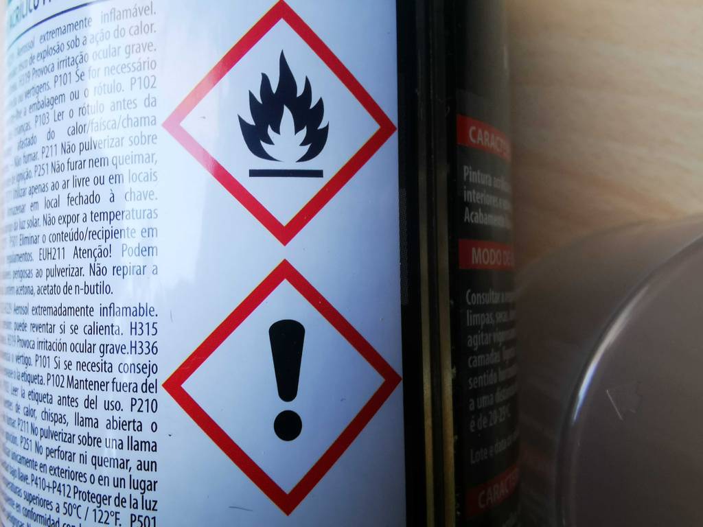 Autolack-Sprays im Test: Detailansicht der Symbole für leicht entflammbare Produkte auf der Spraydose.