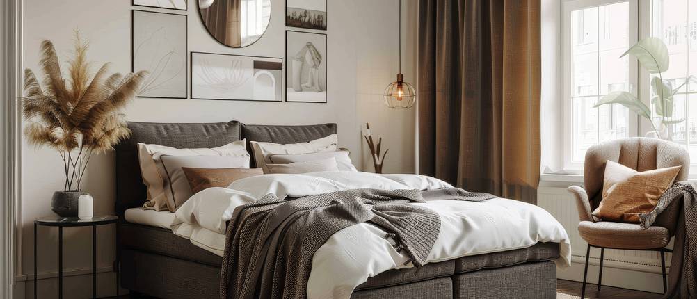 Boxspringbett-elektrisch-Test: Ein graues Boxspringbett steht in einem modernen Schlafzimmer.