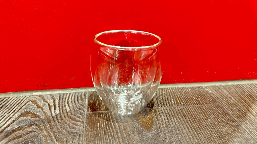 Doppelwandige Gläser im Test: ein Modell steht vor einer roten Wand.