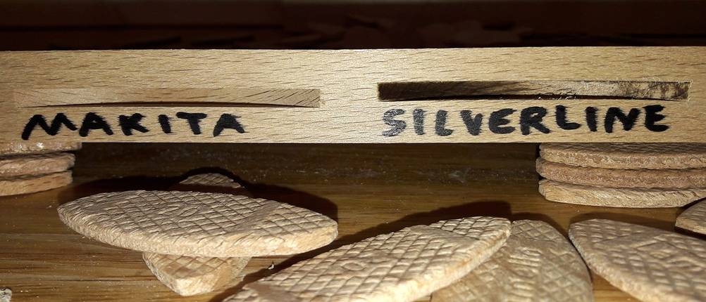 Silverline und Makita Flachdübelfräse Brandspuren in Buchenholz