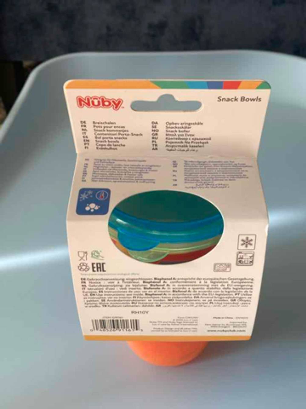 Die getesteten Breischalen in der Originalverpackung von hinten.