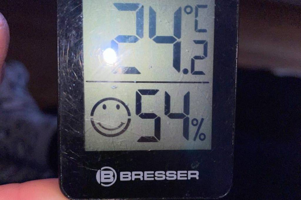 Hand hält schwarzen, getesteten Hygrometer von Bresser mit der LCD-Anzeige nach vorn.
