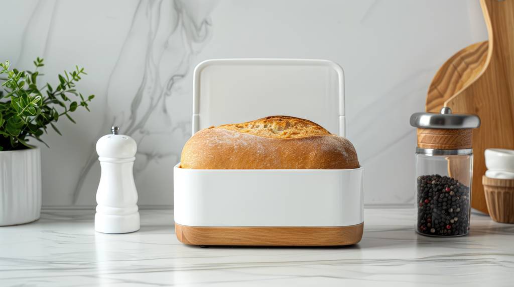 Brotkasten mit Schneidebrett im Test: Auf einer Küchenablage steht ein Brotkasten mit einem Brot. Daneben befinden sich ein Salz- sowie Pfefferstreuer, Schneidebretter und eine Topfpflanze. 