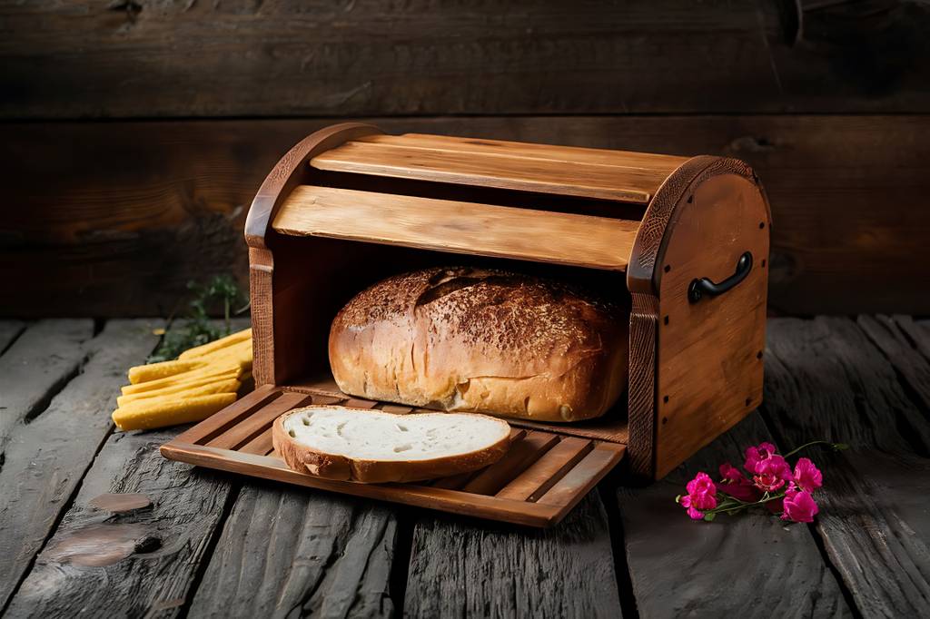 Brotkasten mit Schneidebrett im Test: Ein Brotkasten aus Holz mit Schneidegitter und Brot. 