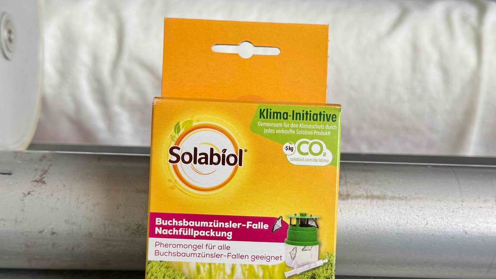 Buchsbaumzünsler-Falle getestet: Nahaufnahme der Verpackung mit Logo und Artikelbezeichnung.