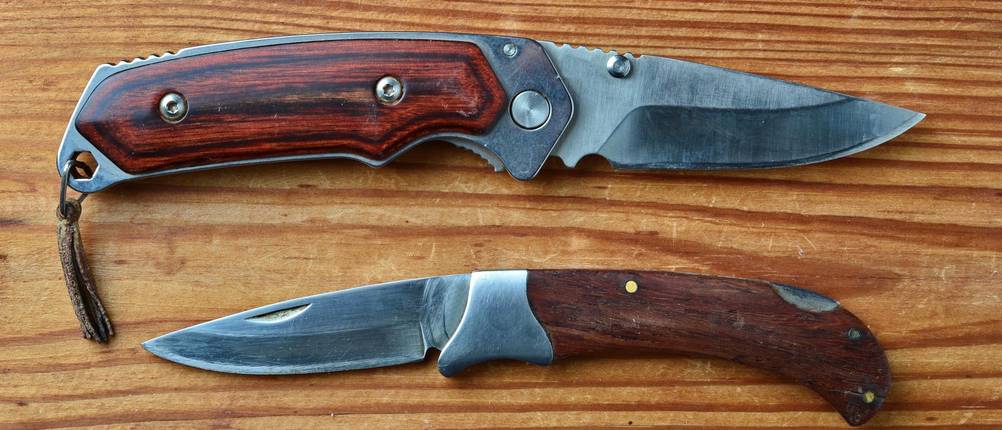 Buck-Messer im Test: zwei Messer mit Holzgriff vor einem Holz-Hintergrund
