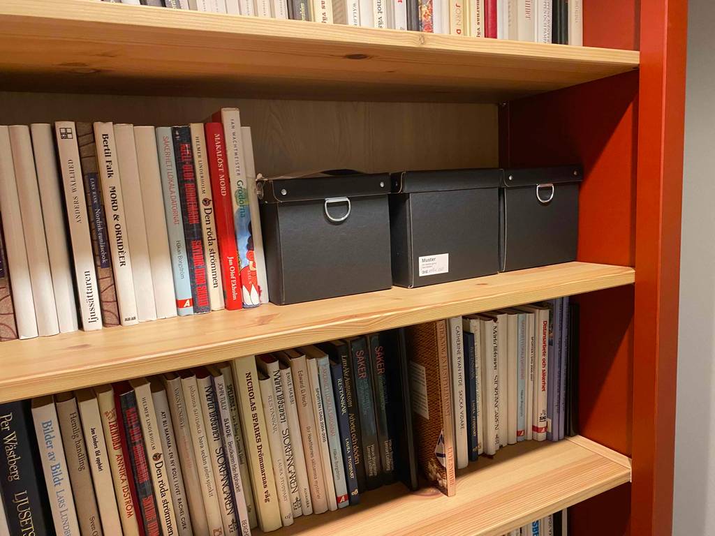 Bücherregal mit Bücher und Schachteln.