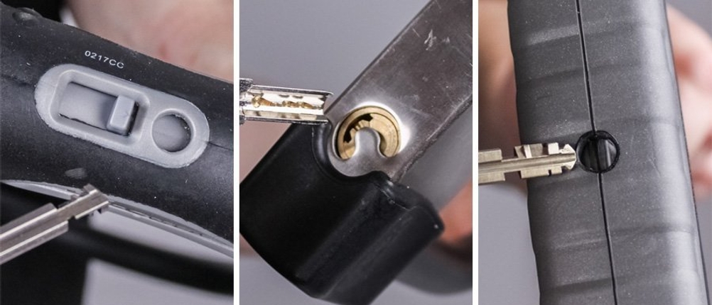 Eine Collage zeigt Abdeckungen über Bügelschlössern.