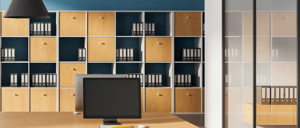Büroschrank-Test: Ordner stehen in einem großen Büroschrank in einem modernen Büro.