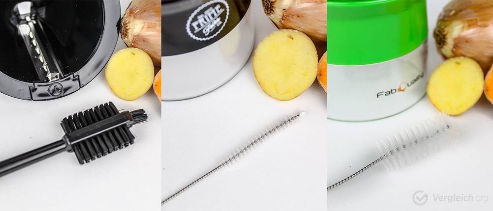 Collage aus Reinigungsbürsten neben Spiralschneidern.