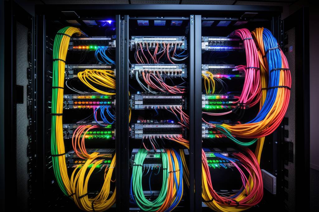 15-m-LAN-Kabel im Test: Frontalansicht eines Patch-Schrankes, der mit bunten LAN-Kabeln bestückt ist.