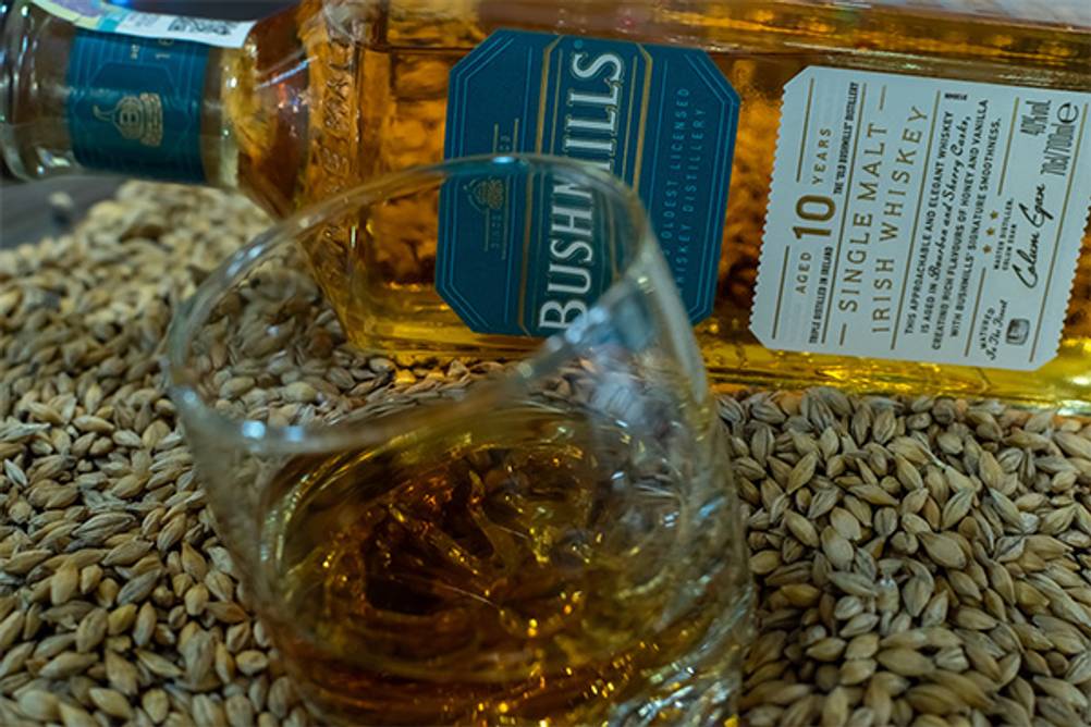 Bushmills-Test: Eine Nahaufnahme von Bushmills-Single-Malt-Whiskey auf einem Haufen Getreidegerste und einem Whiskeyglas.
