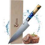 Calisso-Messer im Test: Calisso-Messer vor einer Calisso-Geschenkebox und Fleisch daneben