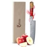Calisso-Messer im Test: Calisso-Santoku-Messer vor einer Calisso-Geschenkebox und Äpfeln daneben