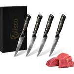 Calisso-Messer im Test: vier Calisso-Steakmesser vor einer Calisso-Geschenkebox und ein paar Scheiben Steak daneben