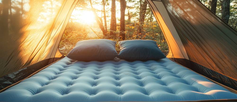 Campingkissen-Test: Zwei Campingkissen liegen auf einer Luftmatratze, die sich in einem Zelt befindet.