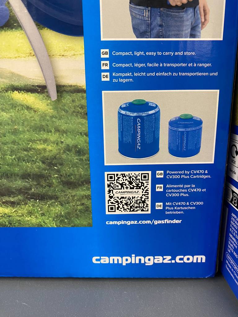 Campingaz Gasgrill im Test: Auf der Verpackung ist ein QR-Code.