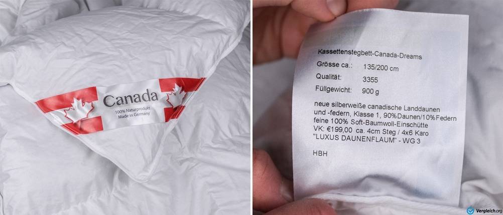Daunendecke-Test: Eine Daunendecke zeigt ein Etikett aus Kanada sowie ein Pflegeetikett.