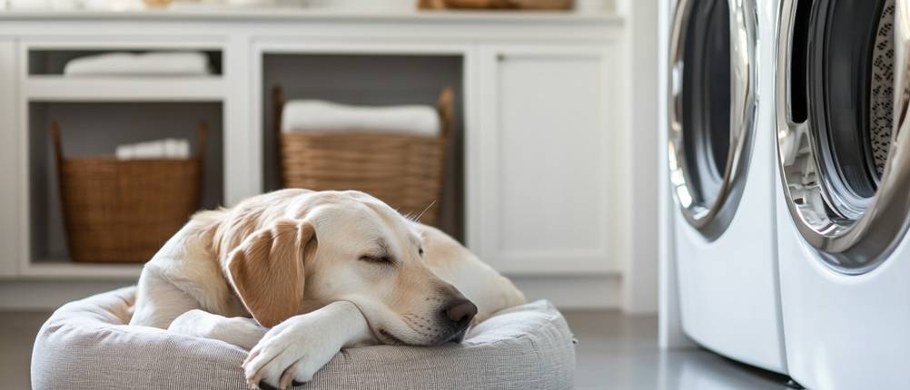 Candy-Waschmaschinen auf Laufstärke getestet: Ein Hund liegt vor laufender Waschmaschine und döst.