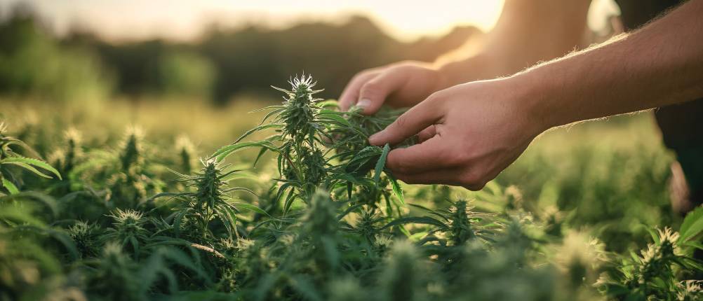 CBD-Öl kaufen: Eine Person erntet eine Hanfblüte auf einem Feld.