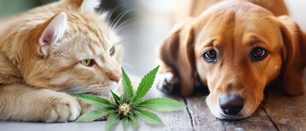 CBD-Öl für Katzen im Test: Zwischen einem Hund und einer Katze liegt eine Cannabisblüte.