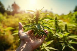 Test zum Thema Cannabissamen kaufen: Ein Mann berührt mit seiner Hand die Blüte einer Cannabis-Pflanze.