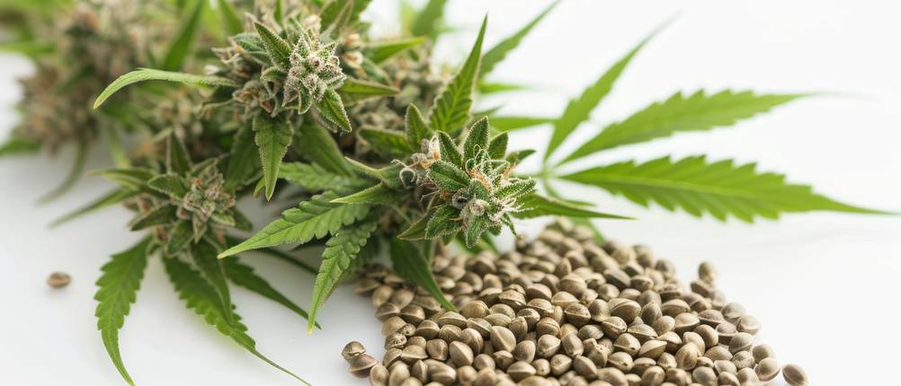 Seiten zum Cannabissamen kaufen im Test: Neben der Blüte einer Cannabispflanze liegen mehrere Samen.