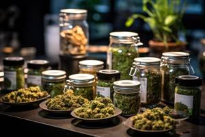 Test der Seiten zum Cannabissamen kaufen: Auf einem Tisch stehen verschiedene Teller und Gläser mit Cannabis.