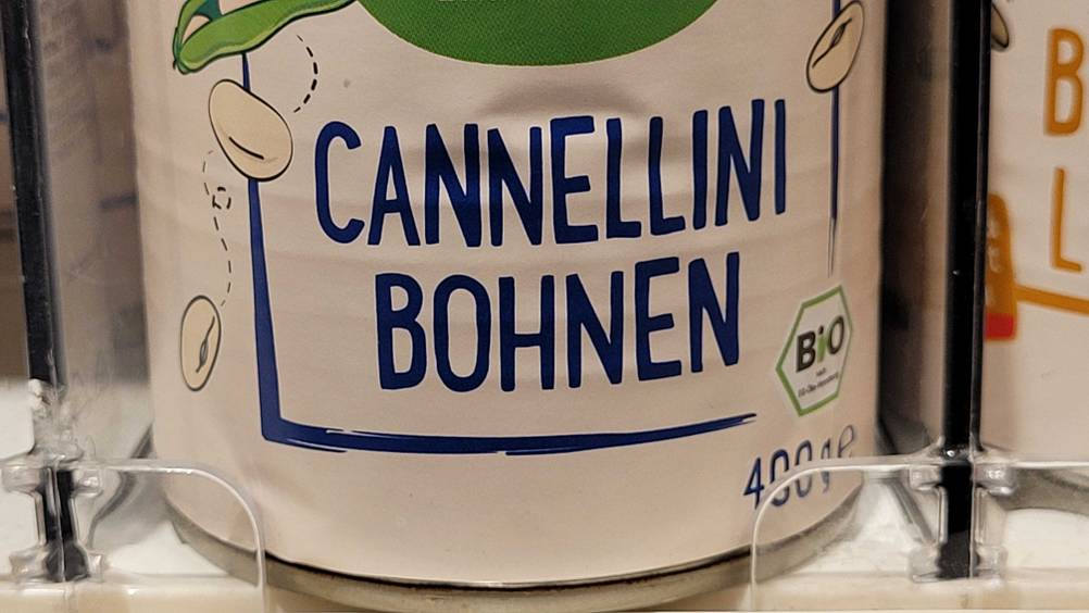 Cannellini-Bohnen-Test: Nahaufnahme der Artikelbezeichnung auf der Dose.