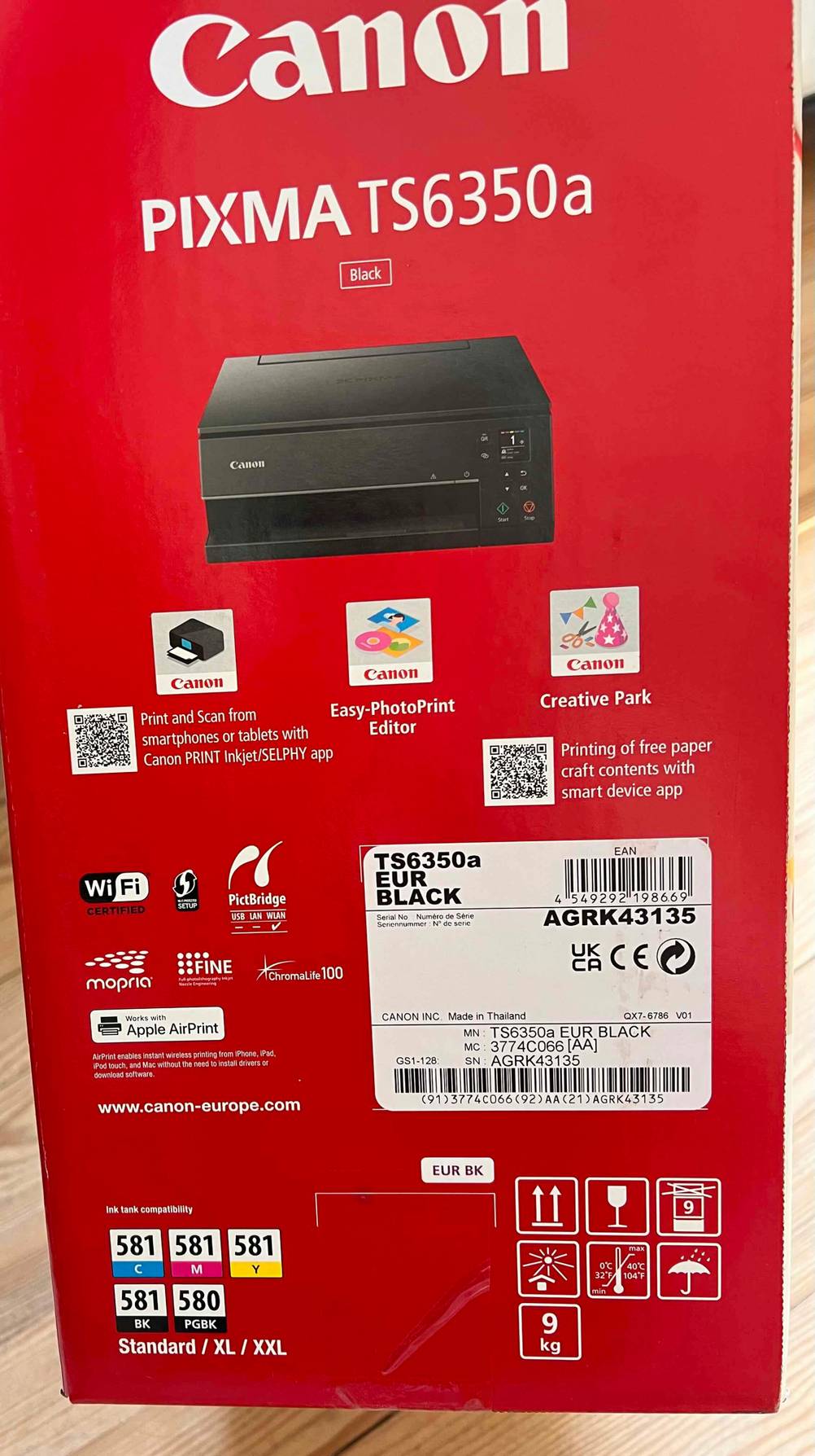 Im Test: Seite der Originalverpackung eines Canon PIXMA mit Modellbezeichnung.