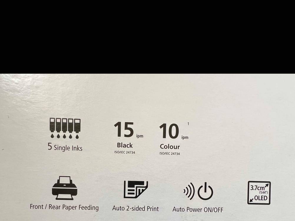 Getestet: Nahaufnahme der Infografiken auf der Verpackung eines Canon PIXMA Druckers.