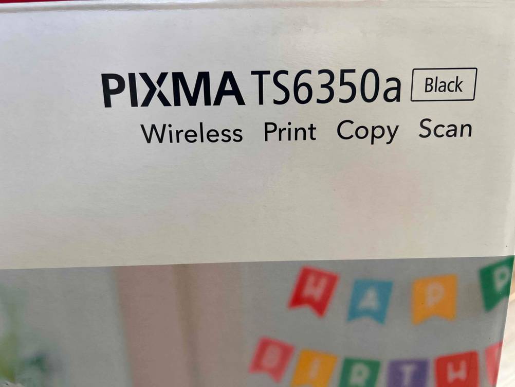 Nahaufnahme des Logos auf der Originalpackung eines Canon PIXMA im Test.