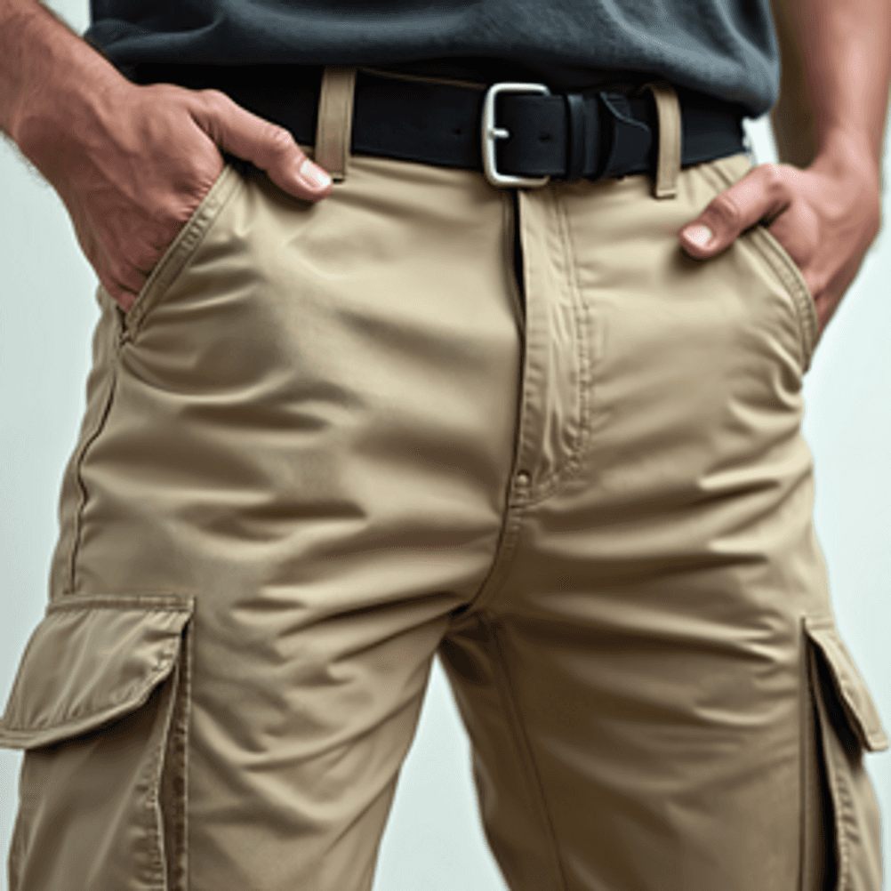 Herren-Cargohose im Test: Beige Cargohose an einem Mann, der die Hände in den Taschen hat.