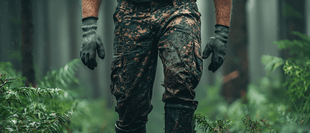 Herren-Cargohose im Test: Mann trägt eine Armee-Cargohose im Wald