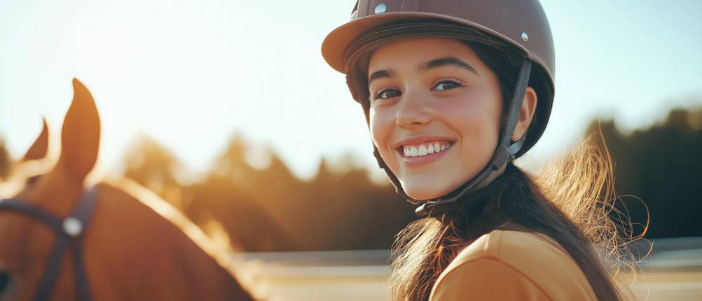 Casco-Reithelm-Test: Eine junge Frau trägt einen braunen Reithelm und schaut in die Kamera. Neben ihr ist ein Pferd zu sehen.