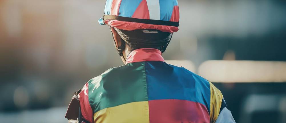 Casco-Reithelm-Test: ein Jockey von hinten mit buntem Helm und buntem Oberteil.
