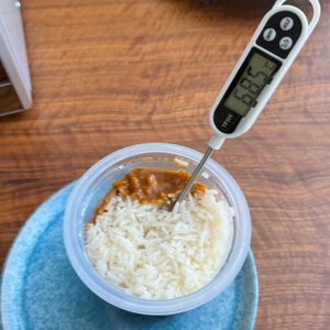 Ein Hygrometer in einem Fertiggericht zeigt 68,5°C an