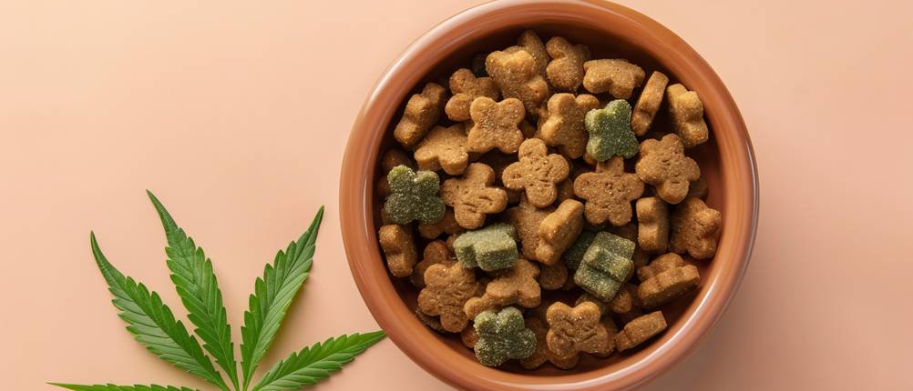 CBD-Öl für Katzen: Leckerlis in einer Schüssel mit einem Hanfblatt daneben.