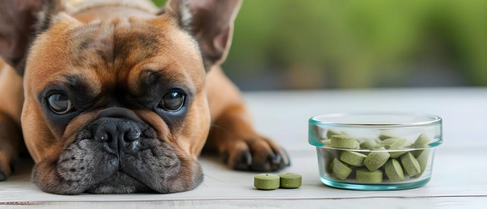 CBD-Öl für Hunde kaufen: Neben einem Hund steht eine Schale mit grünen Leckerlis.