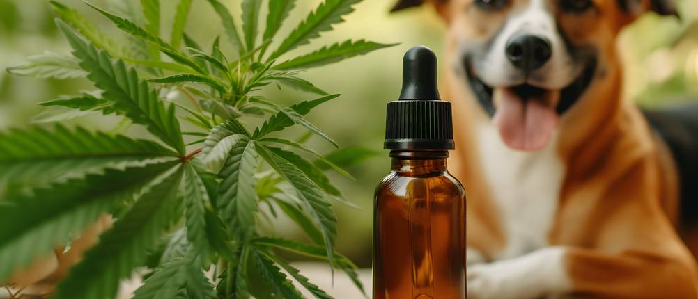 CBD-Öl für Hunde kaufen: Hinter einem Hanfblatt und einer CBD-Öl-Flasche liegt ein Hund.