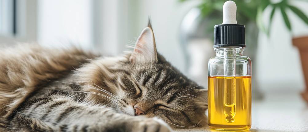 Eine Katze liegt schlafend neben einer Flasche CBD-Öl für Katzen.