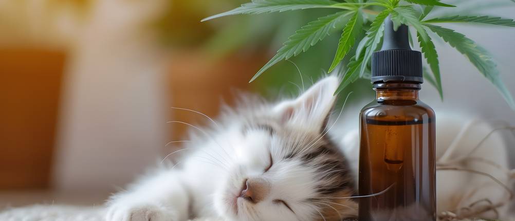 Seiten zum Kaufen von CBD-Öl im Test: Eine Katze liegt neben einer Flasche mit CBD-Öl.