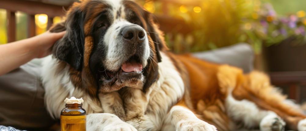 CBD-Öl kaufen: Ein großer Hund liegt neben einer Flasche CBD-Öl.